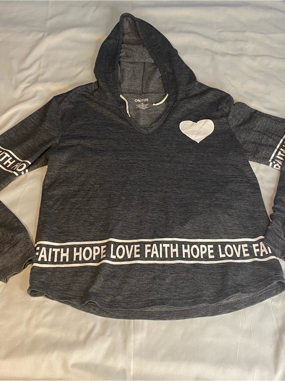 On Fire Womens Plus 1X Gray Hooded Pullover Hoodie Faith Hope Love Heart